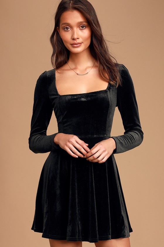 Cute Black Velvet Mini Dress - Square ...